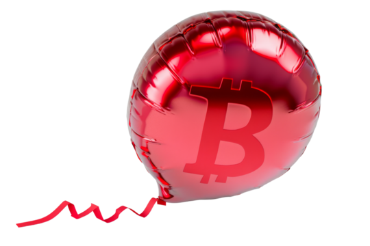 Deflating Red Bitcoin Balloon with a Piercing Arrow, Symbolizing Cryptocurrency Market Crash and Instability.