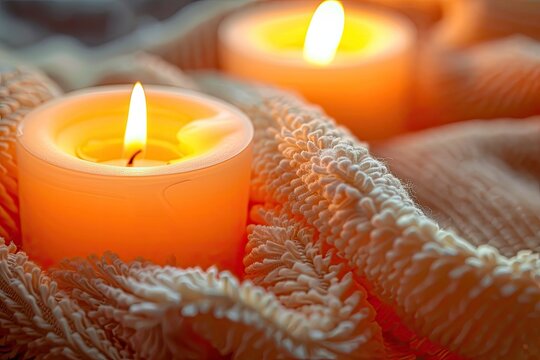 A close-up image of two burning candles on a soft, white, textured surface. The candles are in focus, with a blurred background.
