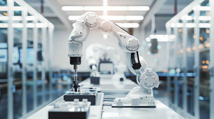 Innovative technology hub with a central robotic arm in action