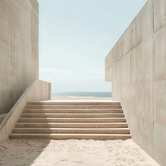 Minimal stairs against an empty concrete wall, the blue sky peering above, serenity defined - obrazy, fototapety, plakaty