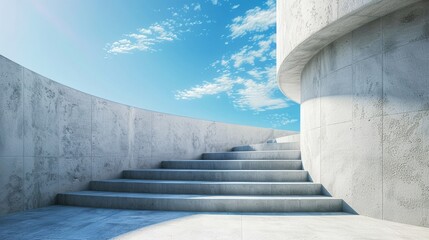 Minimal wall and blue sky frame the cylinder stand podium, with stairs inviting upward glances