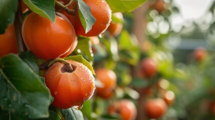 Growing persimmon harvest and producing vegetables cultivation. Concept of small eco green business organic farming gardening and healthy food