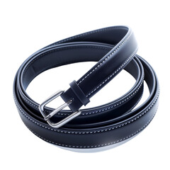Rolled Dark Blue Leather Belt with Silver Buckle, Highlighting Fashion Accessory and Style.