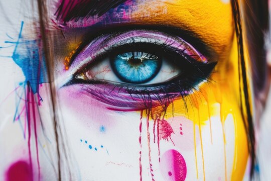 A close-up of a woman's eye with colorful paint splattered on her face.