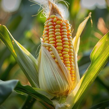 A close-up of an ear of corn partially husked, revealing the golden kernels beneath.