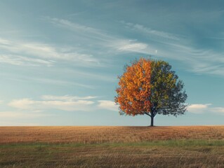 Solitary Autumn Tree Standing Tall in Open Field with Vibrant Orange and Red Foliage Against Blue Sky - Tranquil Nature Scenery