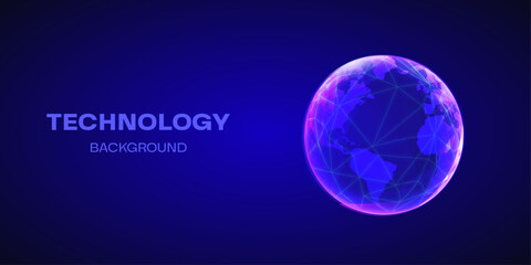 Globe world. Digit Earth. Network technology. Futuristic global communication. Neon rose glowing space planet. Future business internet connection. Data transfer. Vector background