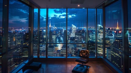 night view of a cityscape through big glass wall panoramic with lights