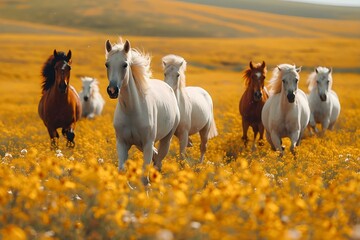 Fototapeta premium Majestic Horses Galloping in Golden Meadows. Concept Nature Photography, Wildlife Portraits, Equine Elegance, Golden Sunlight, Dynamic Movement