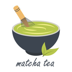 Mixing matcha tea with a whisk. Vector illustration. 1