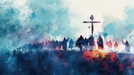 Jesus takes up his Cross. Digital watercolor painting illustration