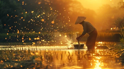 Foto op Canvas Golden Hour Rice Farming: Asian Farmer Working in Paddy Field at Sunset © Natalia Schuchardt