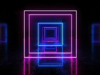 Fototapeta premium 3d render, abstract neon background with glowing square frame in blue and violet colors on black