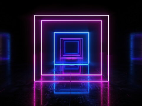 3d render, abstract neon background with glowing square frame in blue and violet colors on black