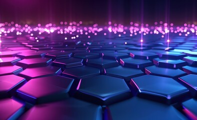 Obraz premium Abstract futuristic background with a colorful hexagon grid in dark blue and purple colors, with night city lights in the distance
