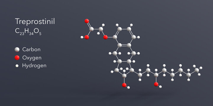 treprostinil molecule 3d rendering, flat molecular structure with chemical formula and atoms color coding
