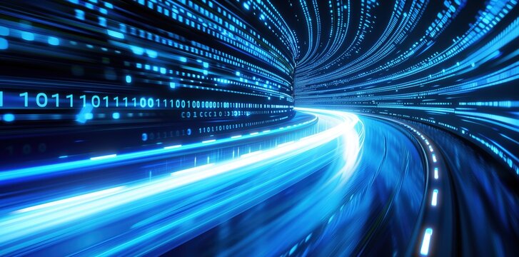 Digital technology background with binary code and light trails moving fast in the dark space, data transfer concept