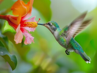 Fototapeta premium Macro Hummingbird Feeding on Vibrant Flower, Frozen in Mid-Flight - Iridescent Feathers, Blurred Dreamy Background, Close-Up Nature Photography