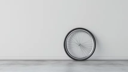 Fotobehang A single bicycle wheel leaning against a white wall on a gray floor. © Ritthichai