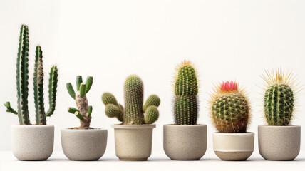 Various cacti in pots lined up against a white background.