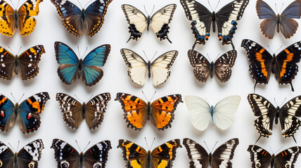 Collection of various butterfly specimens displayed on a white background.