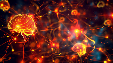 Digital illustration of a glowing orange brain with neural network connections on a dark background.