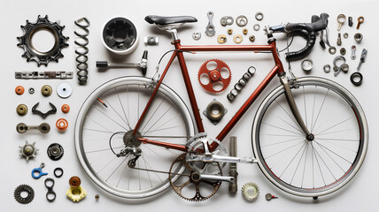 Disassembled bicycle and various parts laid out on a white background. - obrazy, fototapety, plakaty