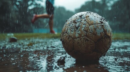 Close-up of muddy soccer ball with player running in rain