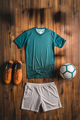 Casual soccer apparel and ball on wooden background