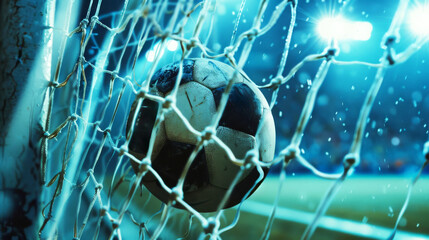 Soccer ball hitting the net with stadium lights - 783128026