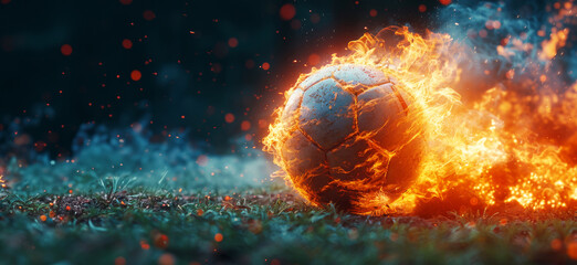 Burning soccer ball on grass field at night - obrazy, fototapety, plakaty