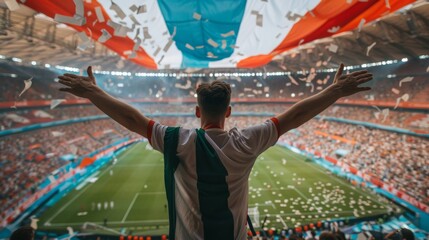 Man celebrating at soccer stadium with confetti