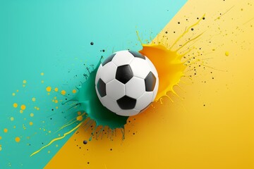 Soccer ball with dynamic yellow splash on teal - 783128059