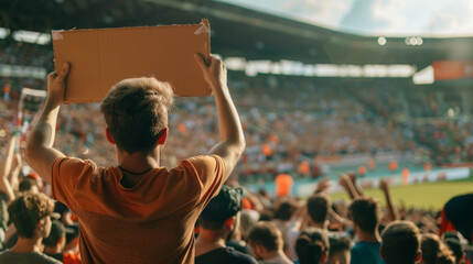 Fan with sign in soccer stadium during daytime