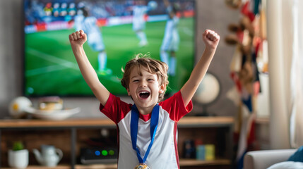 Naklejka premium Excited boy cheering for soccer win in front of TV at home