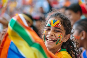 Smiling girl with colorful face paint and flag at a sports event