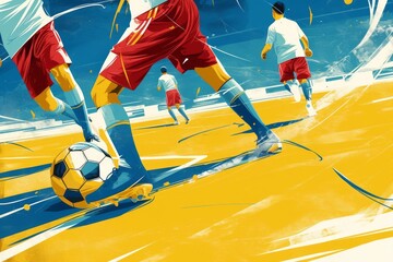 Soccer players competing on vibrant yellow and blue illustrated field - 783128080