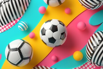 Soccer balls with colorful patterns and spheres on vivid background