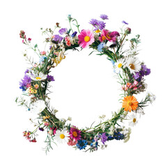 Delicate and Elegant Floral Wreath with Diverse Blooms, Symbolizing Springtime Celebration and Beauty.