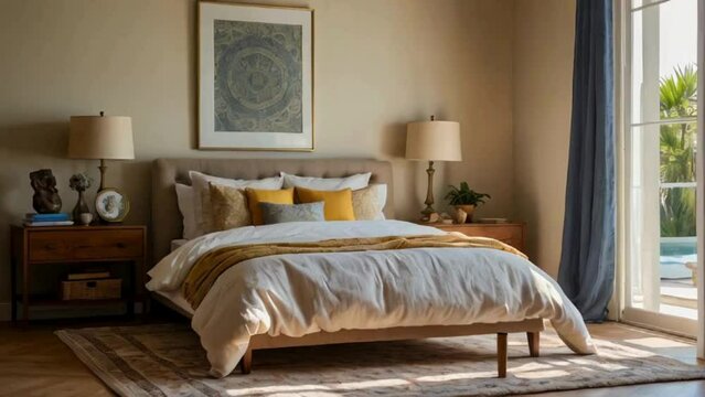 Sunny and warm symmetrical bedroom interior in a french traditional style