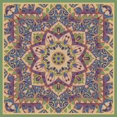 Vintage color scarf design. Vector pattern for a neckerchief, carpet, kerchief, bandana, rug. Traditional floral pattern.