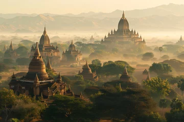 Fotobehang Mystical Morning in Bagan, Myanmar: Ancient Temples Amidst the Mist © Natalia Schuchardt