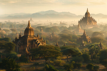 Mystical Morning in Bagan, Myanmar: Ancient Temples Amidst the Mist - obrazy, fototapety, plakaty
