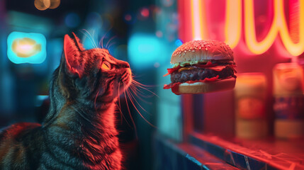 Cat gazing at floating holographic burger, neon backdrop - obrazy, fototapety, plakaty