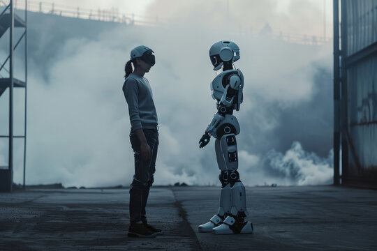 Science Fiction Scene Of A Human Wearing Headset Or VR Helmet And A Futuristic Android Robot Standing Next To Each Other