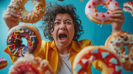Chubby woman in a comedic battle, armed with donut rings and pizza shields, vibrant colors  169