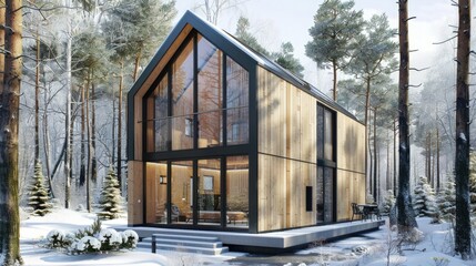 Modern wooden house with glass, industrial style house, architecture concept, background with trees and snow.