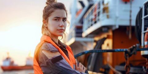 Portrait  yong female maritime professional at work. Woman engineer  in front of sea port background. International Labor Day, Workers Day concept. banner, poster, flyer.