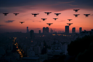 Group of drones over city at summer morning. Neural network generated image. Not based on any actual scene or pattern.