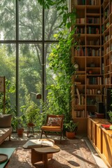 Obraz premium A cozy, stylish modern library with large floor-to-ceiling windows and tall cabinets full of a variety of books. Hobby, leisure and education concept